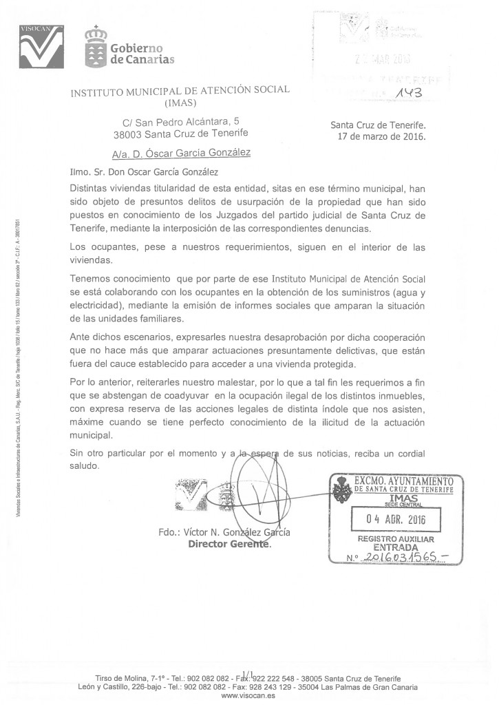 Carta del VISOCAN dirigida al Ayuntamiento. (Picha sobre la imagen para ampliar) DA