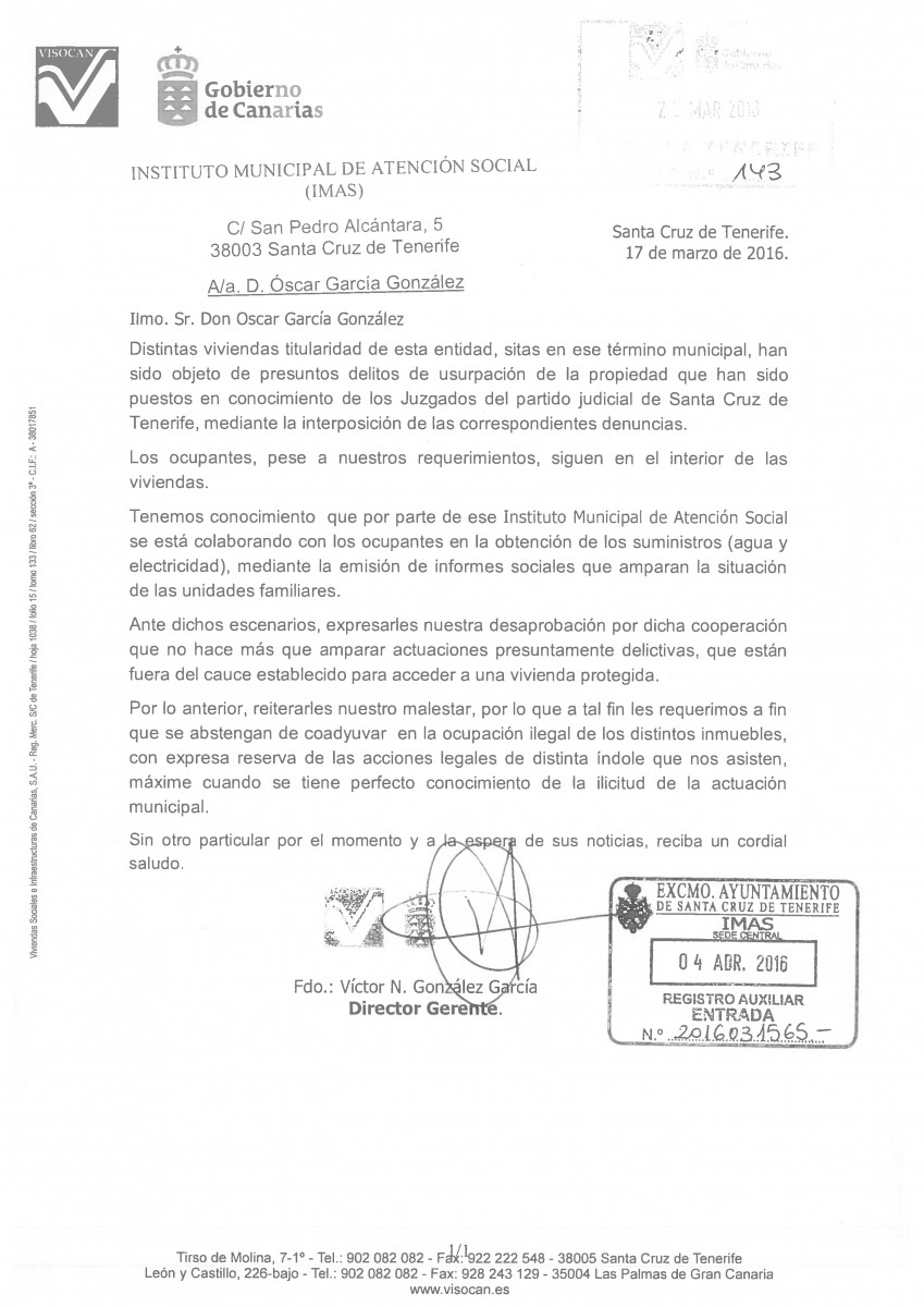 Carta del VISOCAN dirigida al Ayuntamiento. (Picha sobre la imagen para ampliar) DA