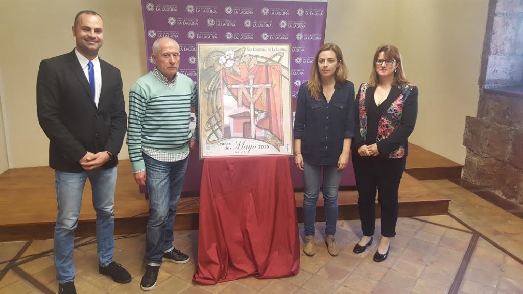 Jonay Mesa, Luis Dávila y las concejales de Patrimonio y Fiestas, ayer en la presentación del cartel anunciador. / DA