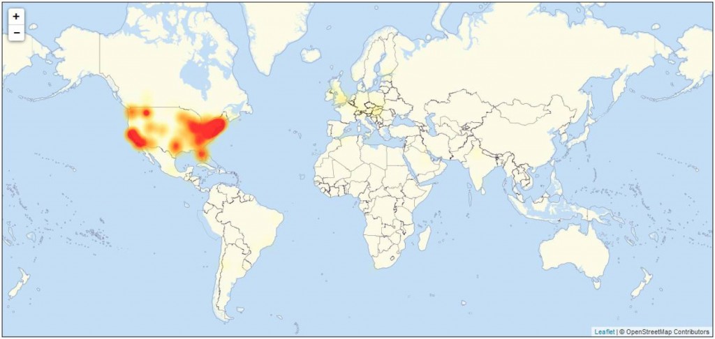 Mapa con los puntos del planeta con problemas, según la web especializada Downdetector
