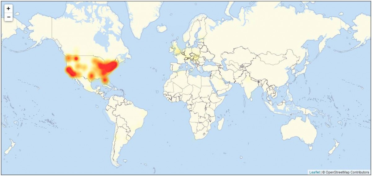 Mapa con los puntos del planeta con problemas, según la web especializada Downdetector