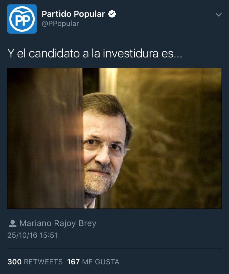 Tuit del Partido Popular anunciado que Rajoy se sometería a la investidura | FOTO: TWITTER
