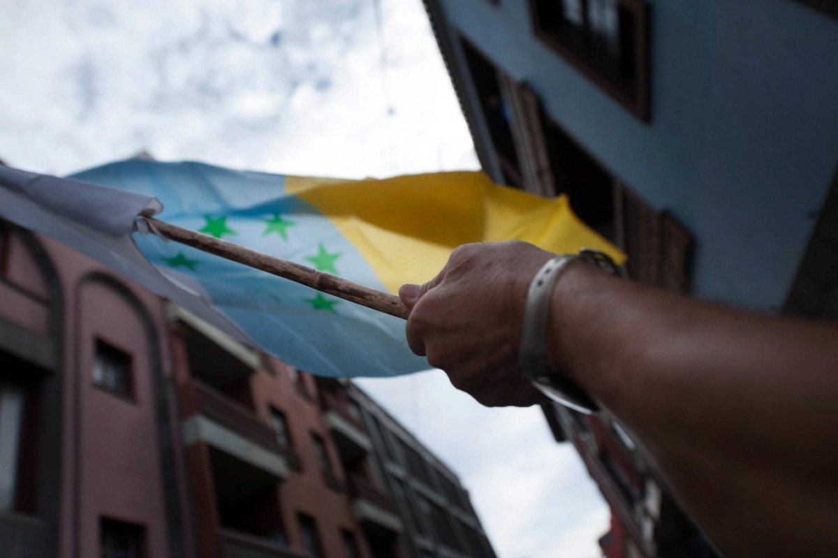 Bandera de las siete estrellas verdes, enarbolada durante una manifestación en la capital tinerfeña./ FRAN PALLERO