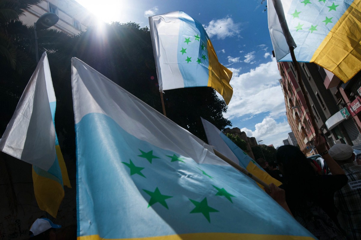 Banderas de las siete estrellas verdes, durante una manifestación en Tenerife. / FRAN PALLERO
