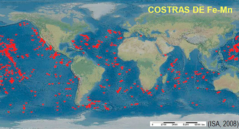 Distribución mundial de las costras de ferromanganeso