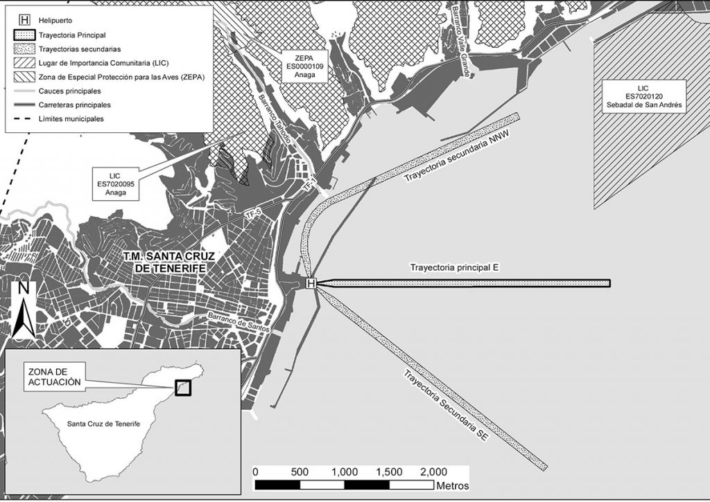 Mapa de las tres trayectorias previstas por el helicóptero de salida al mar, así como de las zonas más sensibles al ruido y afectadas por el medio ambiente: Anaga y San Andrés. DA