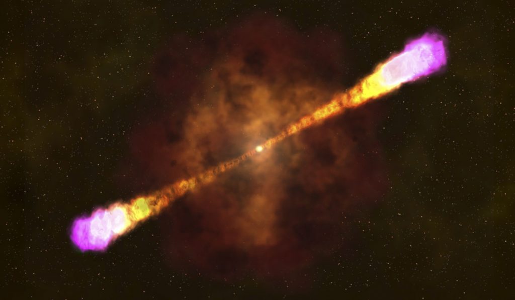 Recreación de una explosión de rayos gamma, fruto del colapso de una estrella masiva que dispara chorros de partículas y crea un agujero negro. NASA