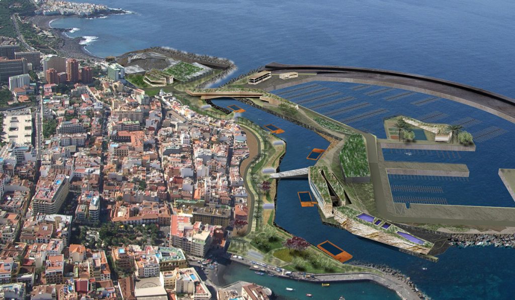 Infografía del proyecto de Martín Menis del puerto deportivo, pesquero y turístico del Puerto de la Cruz. DA