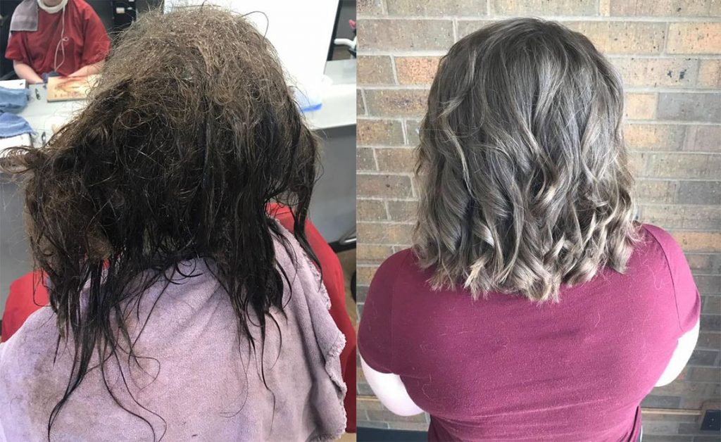 Imágenes del cambio antes y después del trabajo de la peluquera. Facebook: Kayley Olsson