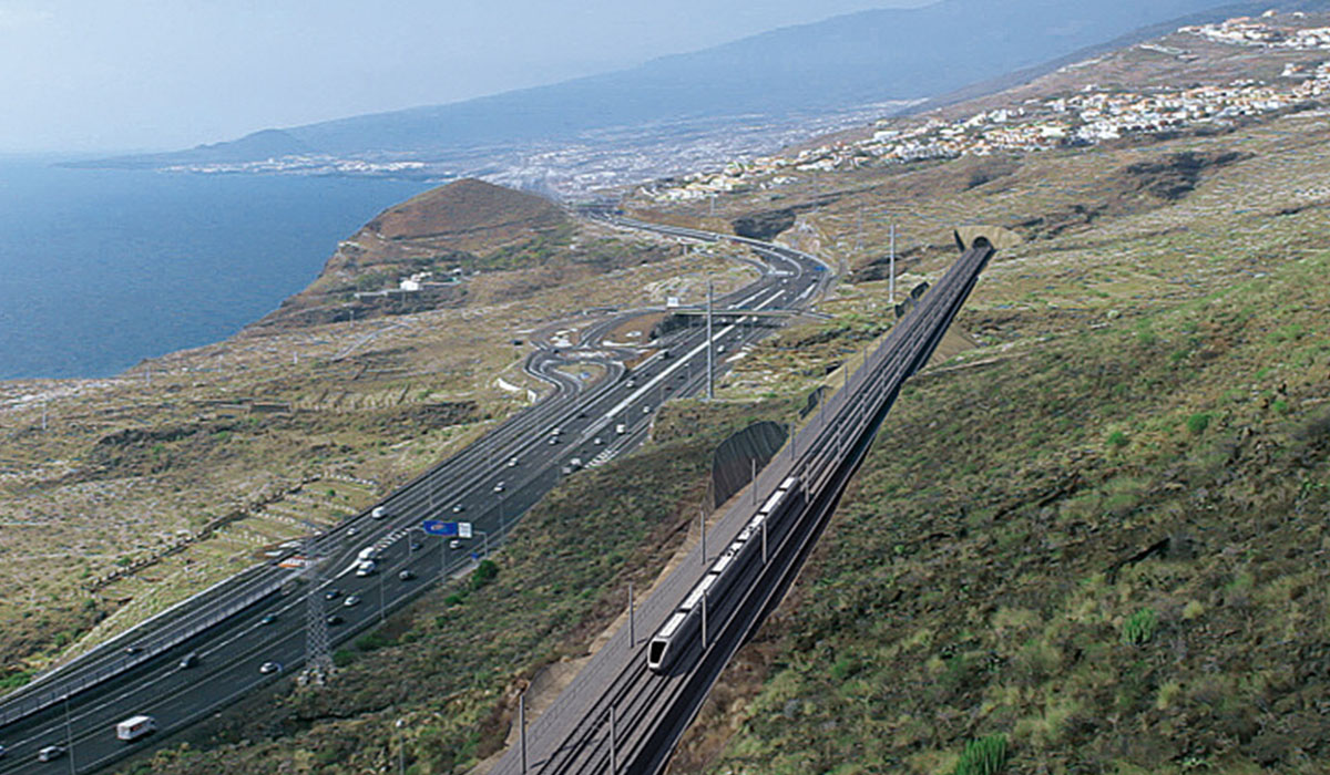 Fotomontaje del proyecto ferroviario del Sur de Tenerife a su paso por el municipio de Candelaria. DA