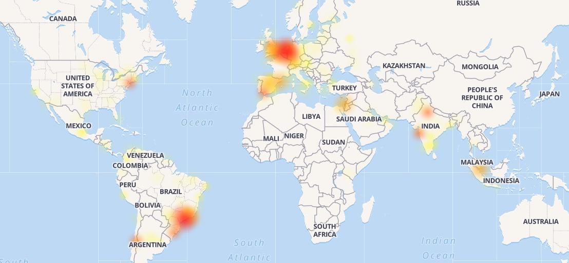 Mapa que muestra los países afectados. / downdetector.com