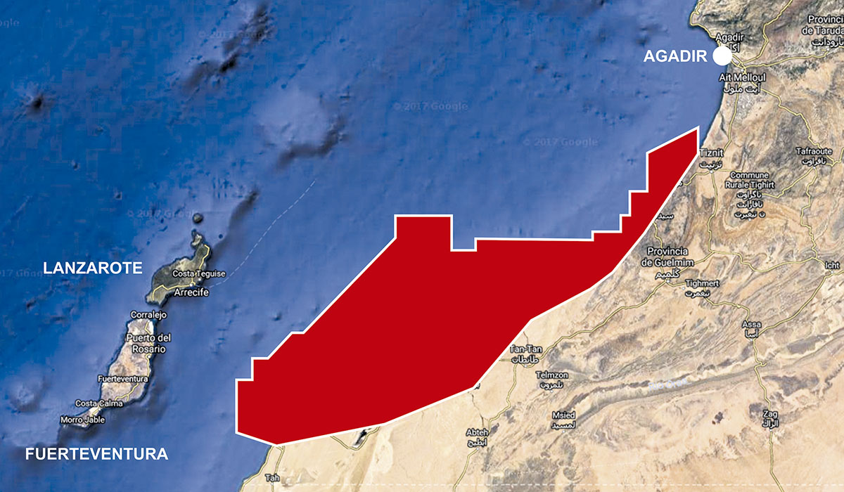 En rojo, zona donde el Gobierno de Marruecos ha dado permiso para extraer petróleo. DA