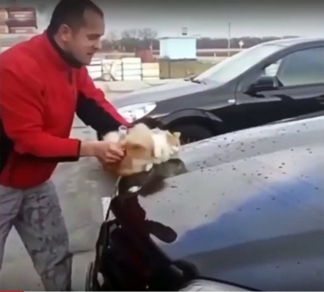 El hombre, usando el gato para limpiar su coche. / METRO