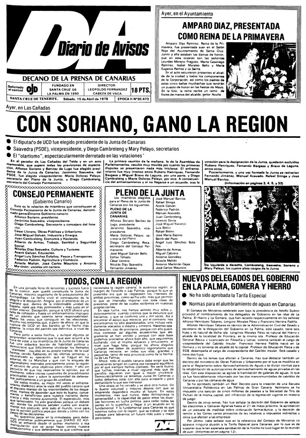 Primera página del DIARIO DE AVISOS en su edición del 15 de abril de 1978. DA