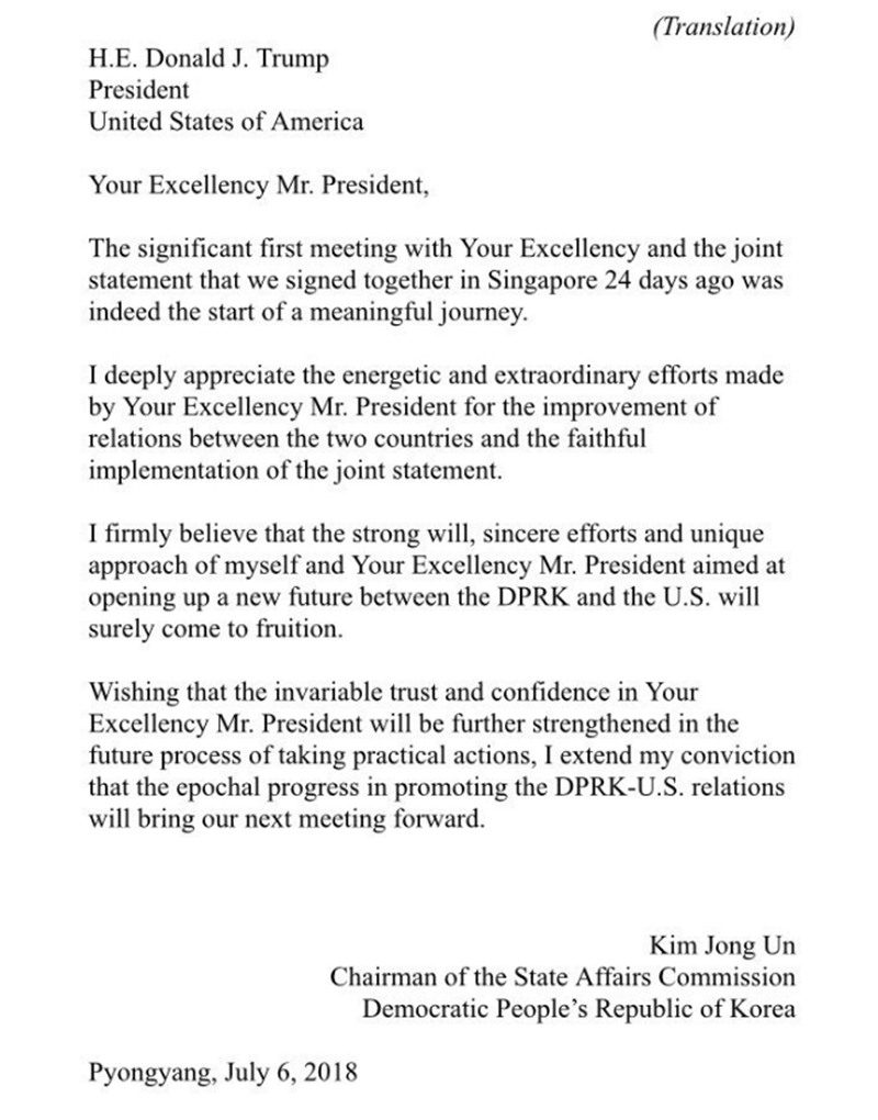 Carta de Kinn Jong un a Trump. / TWITTER DONALD TRUMP