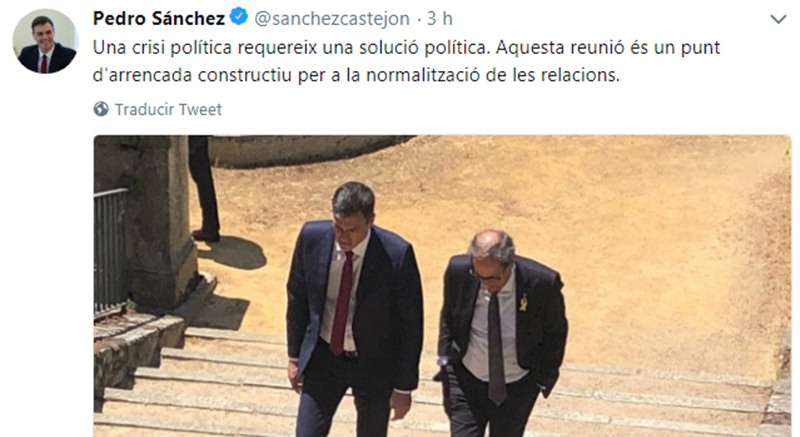 Tuit de Pedro Sánchez en catalán tras su encuentro con Torra. / TWITTER PEDRO SÁNCHEZ