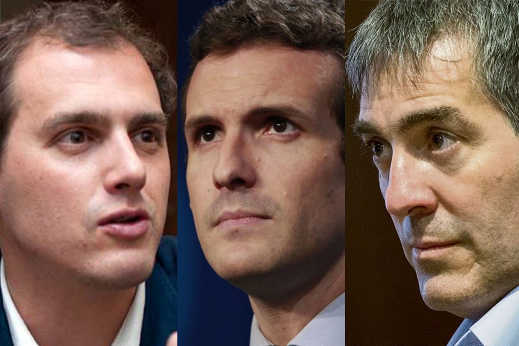 De izquierda a derecha, el líder de Ciudadanos, Albert Rivera; el presidente nacional del PP, Pablo Casado, y el presidente del Gobierno de Canarias, Fernando Clavijo (CC). DA