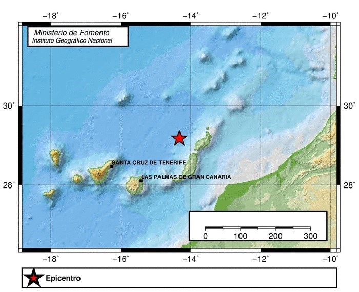 Imagen cedida por el IGN donde se aprecia la localización del epicentro del terremoto registrado en aguas de Lanzarote. | EP