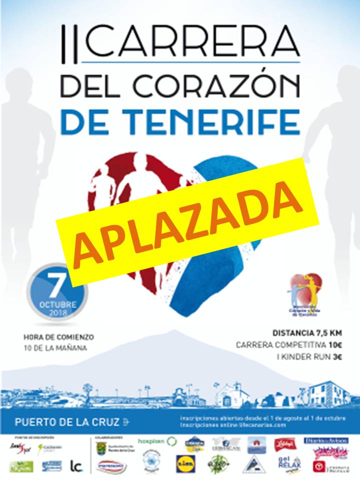 La segunda edición de la Carrera del Corazón, prueba atlética que tiene un fin solidario: recaudar fondos para la Asociación Corazón y Vida de Canarias, quedó aplazada para celebrarse el próximo 22 de diciembre en el municipio de Puerto de la Cruz.