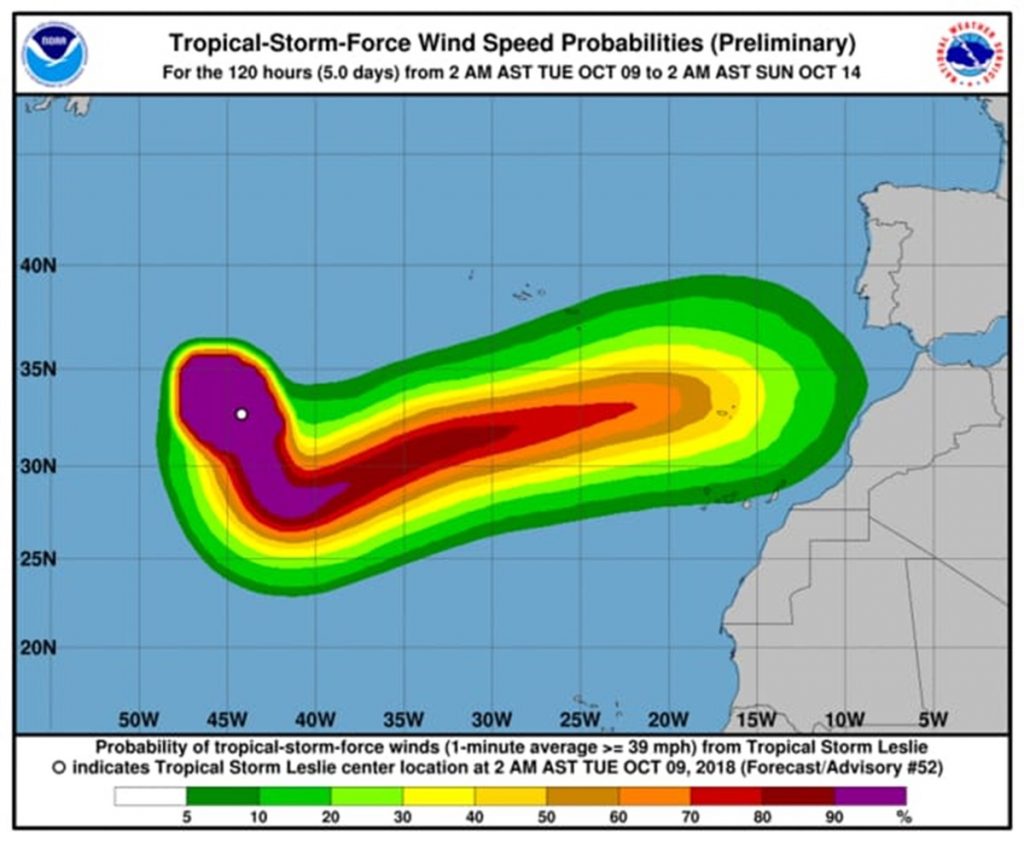 Trayectoria de la tormenta Leslie, según el Centro Nacional de Huracanes. / NOAA