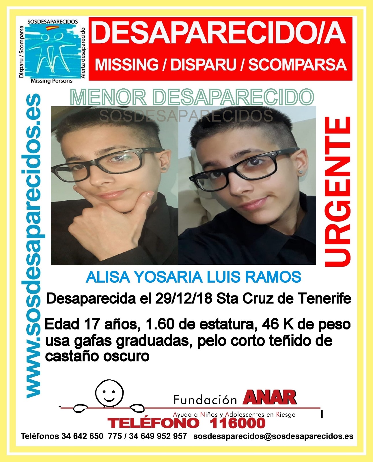 Denuncian la desaparición de una menor de 17 años en Santa Cruz de Tenerife. / SOS DESAPARECIDOS