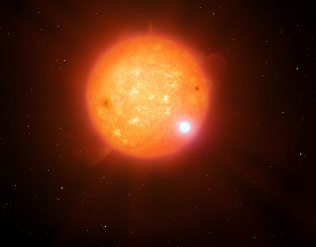 Recreación artística del sistema binario eclipsante compuesto por una estrella subenana fría (en amarillo) y una enana blanca (en blanco).