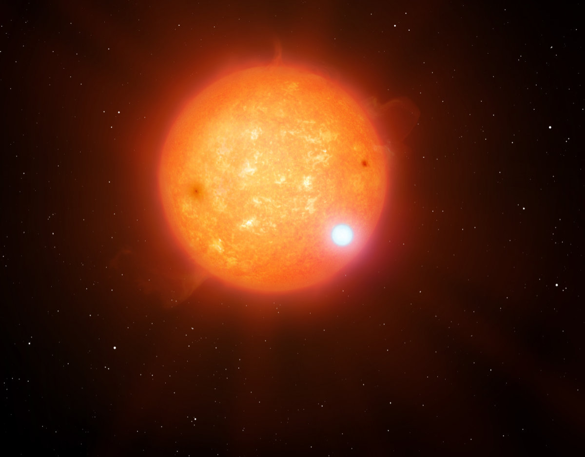 Recreación artística del sistema binario eclipsante compuesto por una estrella subenana fría (en amarillo) y una enana blanca (en blanco).