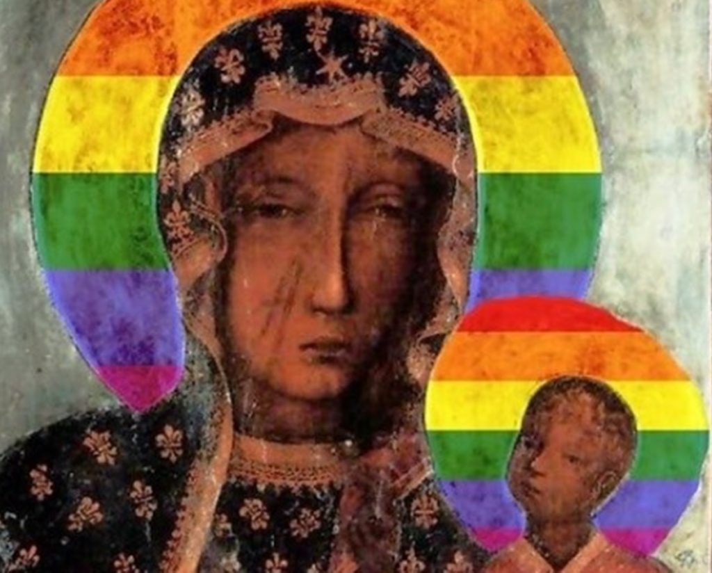 Cartel de la Virgen con el símbolo LGTBI. Twitter