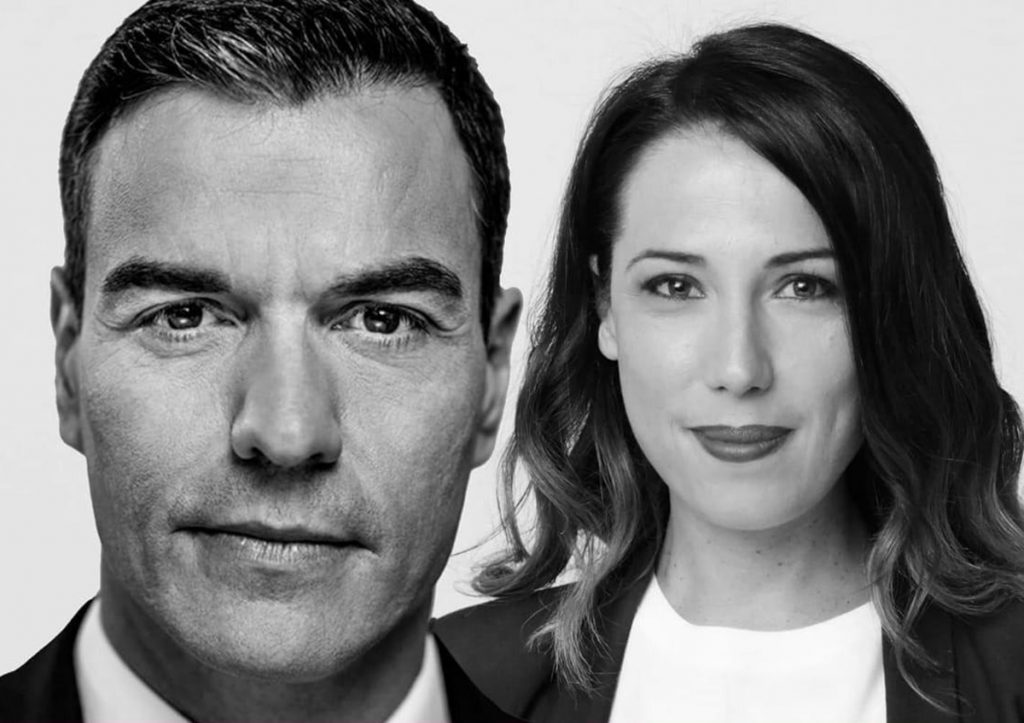 Cartel anunciador del acto de mañana en Ofra con las imágenes de Pedro Sánchez y Patricia Hernández. Fran Pallero