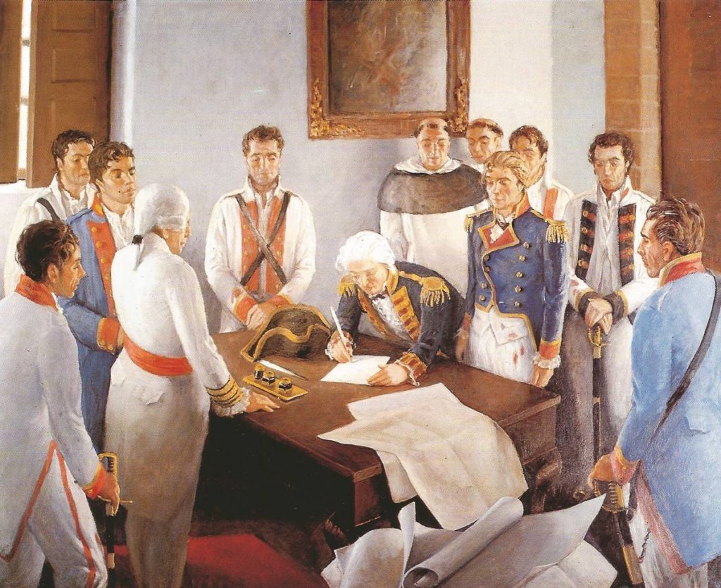 El capitán Hood firma la capitulación ante el general Gutiérrez, en presencia del fraile Juan Tomás de Iriarte. DA