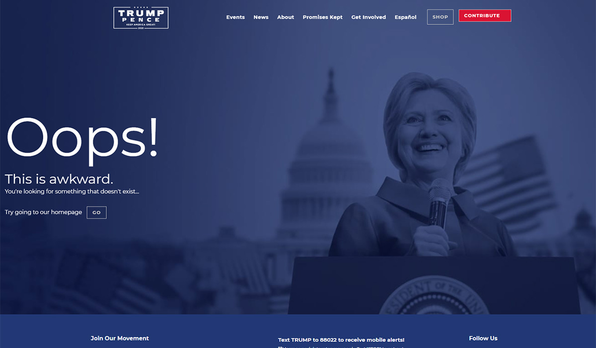 La web de campaña de Trump utiliza como página de error una imagen de Clinton como presidenta