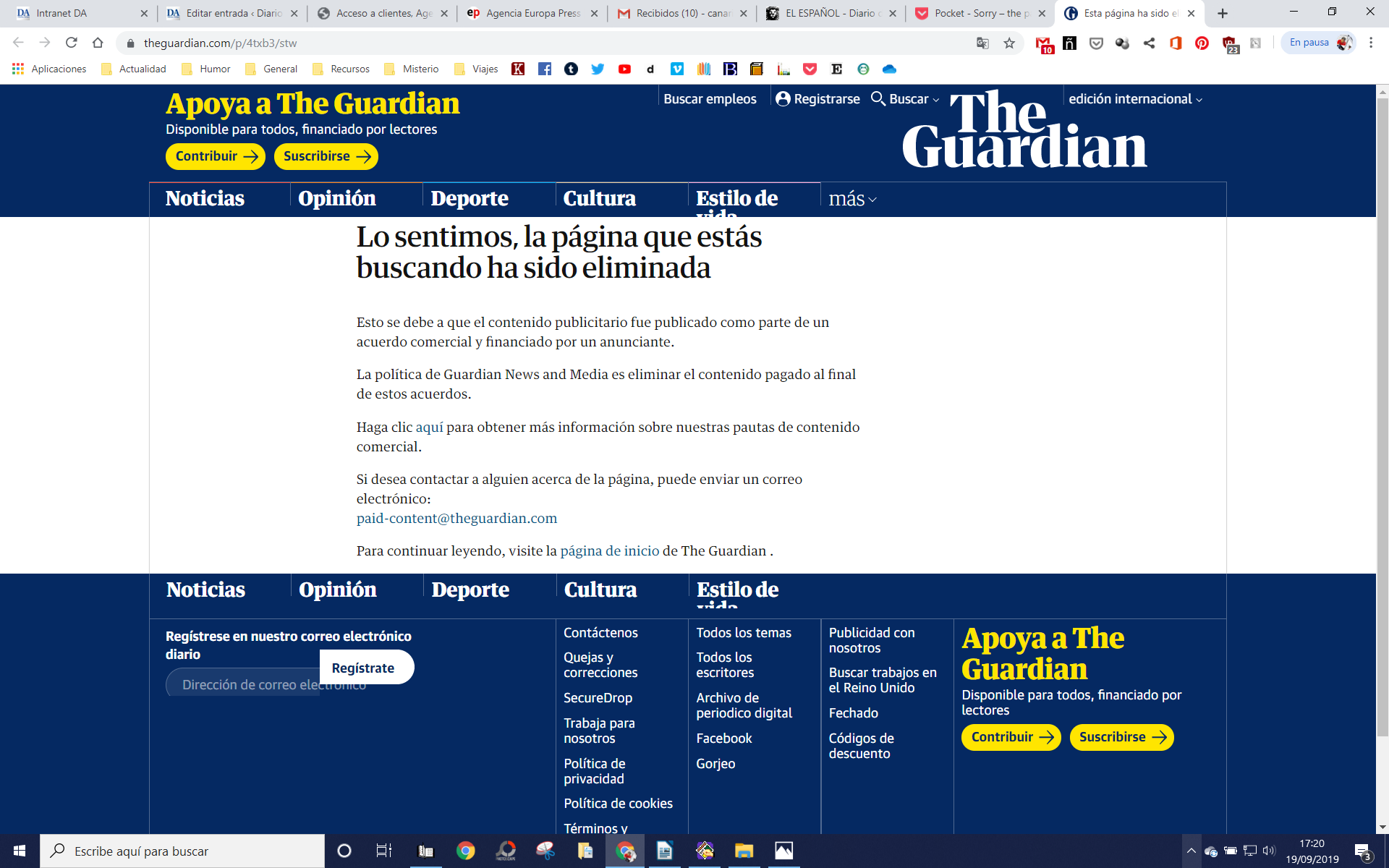 Este es el mensaje que devuelve el servidor de 'The Guardian' (el original y la traducción) al pinchar el enlace de la entrevista con Fernando Clavijo. / DA 