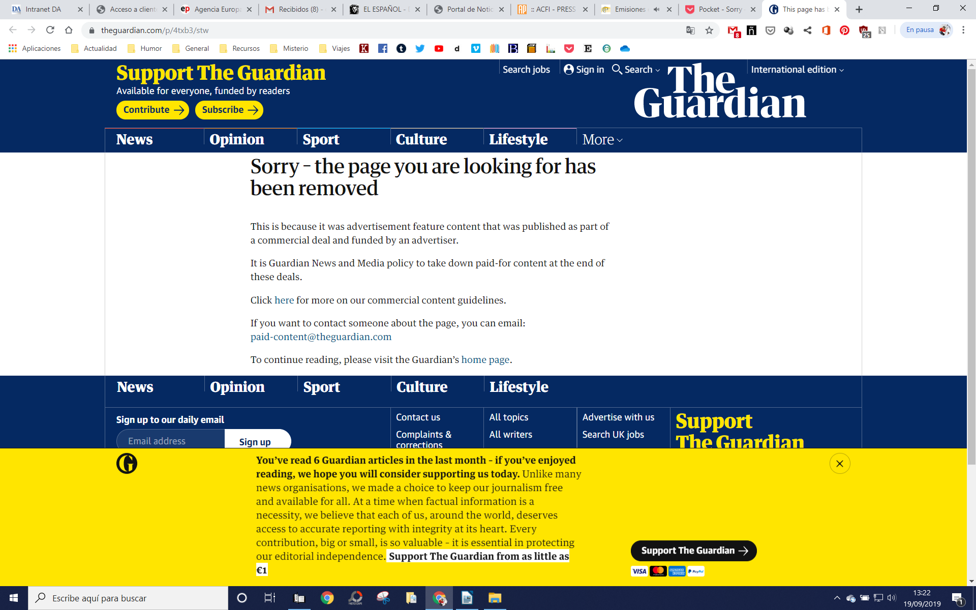 Este es el mensaje que devuelve el servidor de 'The Guardian' (el original y la traducción) al pinchar el enlace de la entrevista con Fernando Clavijo. / DA 