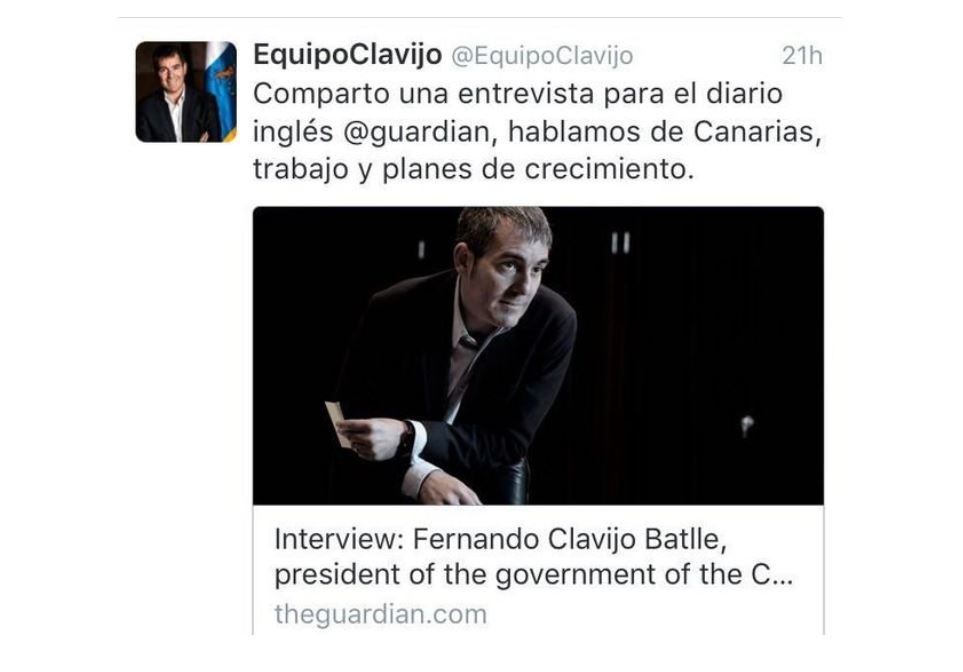Fernando Clavijo compartió así en Twitter la entrevista en 'The Guardian'. / DA 