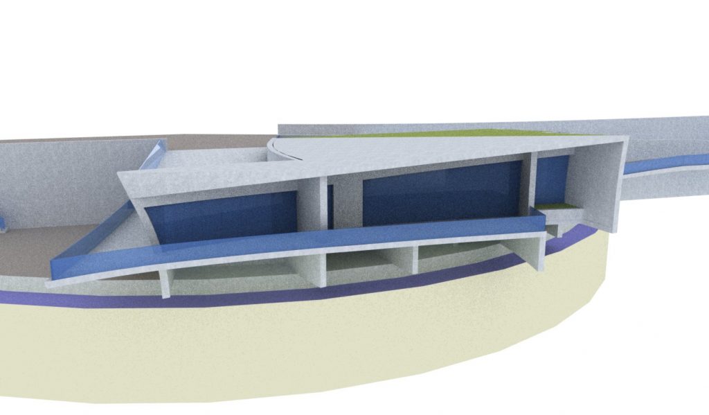 maqueta en 2D del edificio del Centro de Interpretación Juego de Bolas. que se integra en el entorno, al estar rasante a la vía