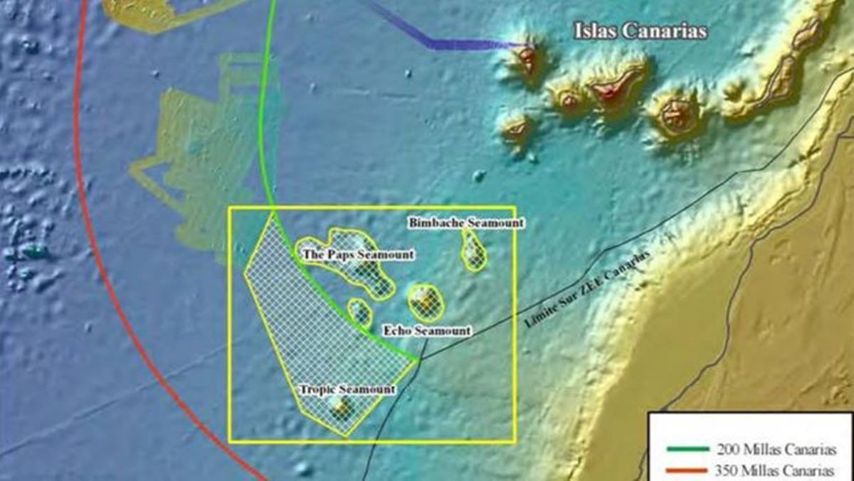 Mapa de la zona al suroeste de Canarias donde se han localizado los montes submarinos con minerales raros. DA
