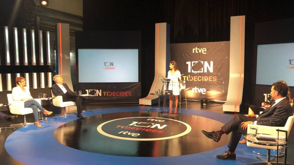 Imagen del debate de ayer en TVE con Máñez (PSOE), Quevedo (NC-CC), Mariscal (PP), Ramírez (Cs) y Rosell (UP). DA