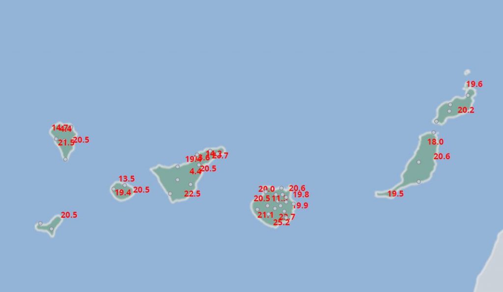 Mapa de precipitaciones en Canarias correspondiente a la jornada de hoy. Aemet