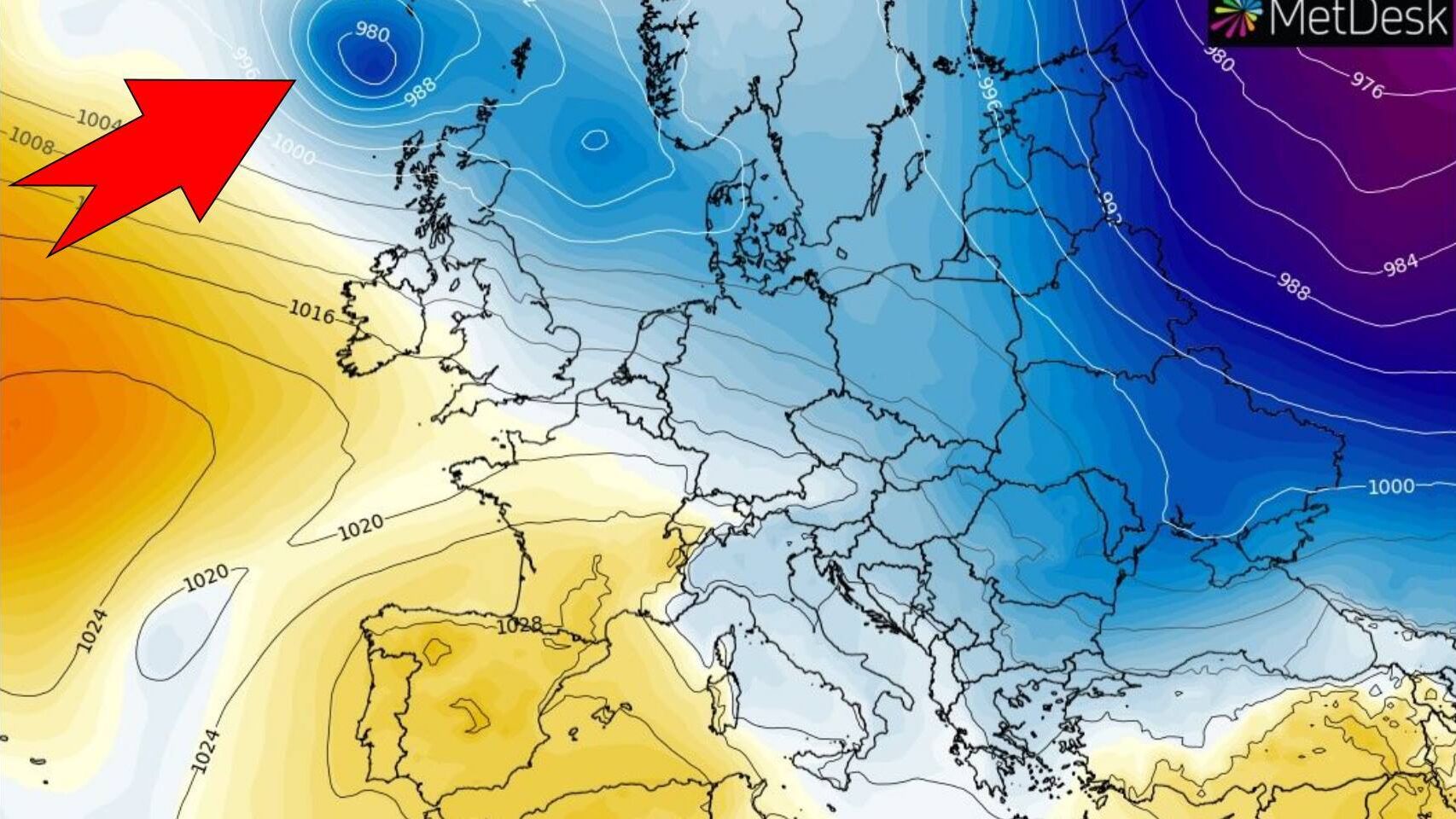 La borrasca Hervé en su trayectoria sobre las Islas Británicas y Francia. Severe-weather.eu.