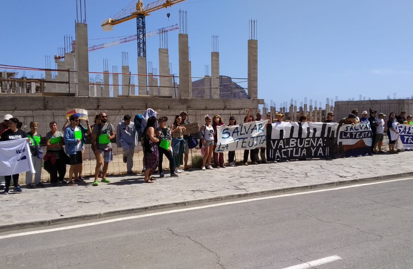 Unas 200 personas se manifestaron el sábado junto a las obras, ya avanzadas, del hotel de La Tejita. DA