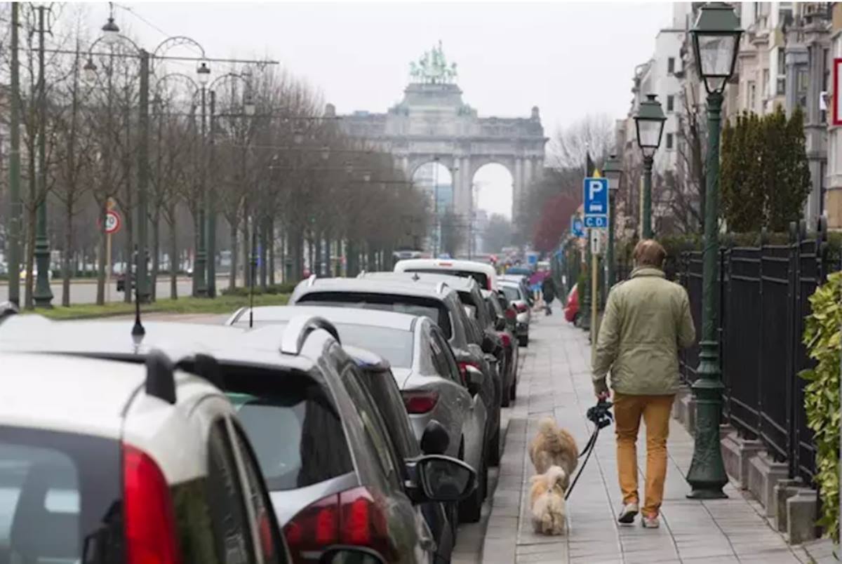Un hombre pasea a su perro por las calles de Bruselas. EP