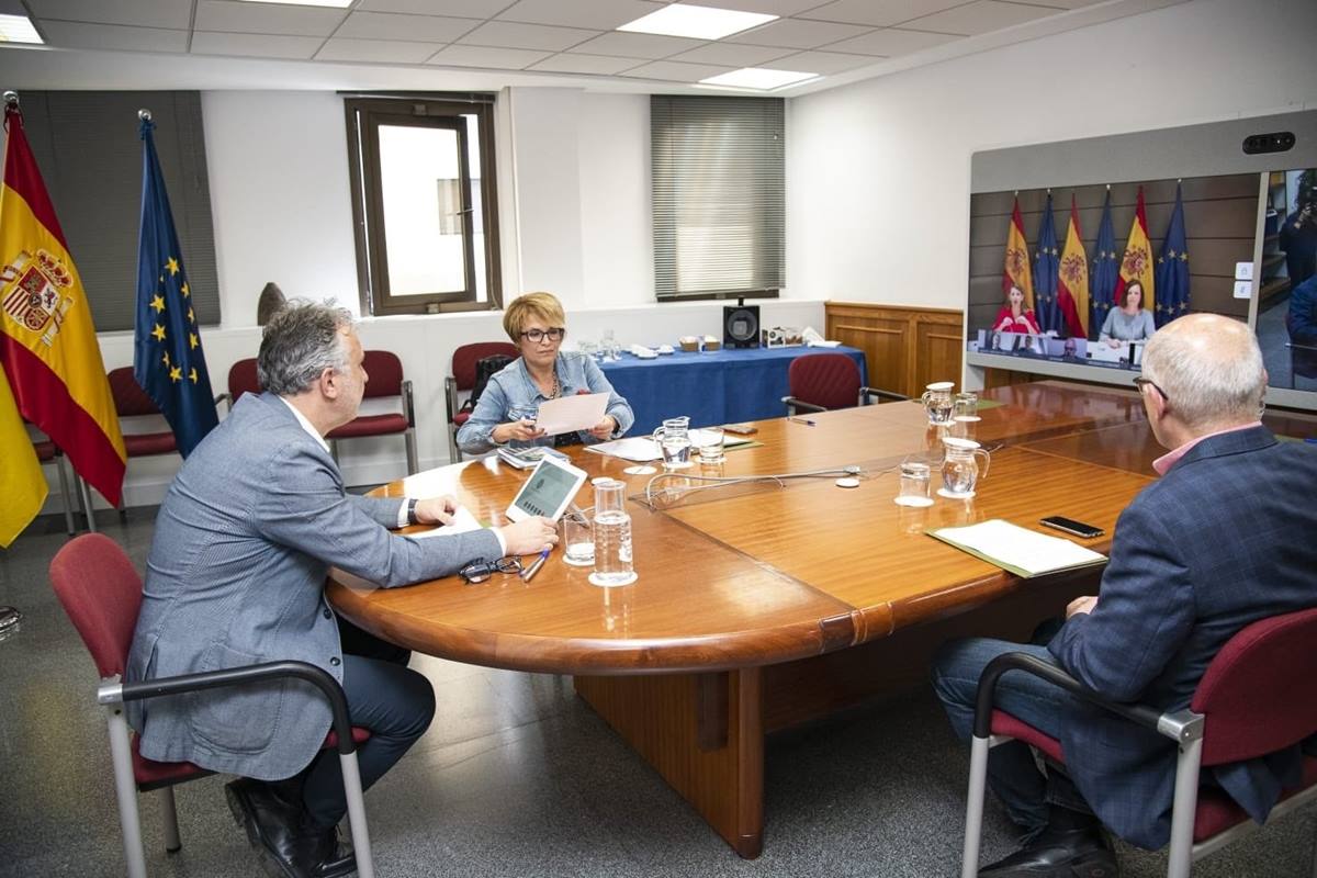 El presidente de Canarias, Ángel Víctor Torres, en una reunión telemática con la ministra de Trabajo, Yolanda Díaz. EP