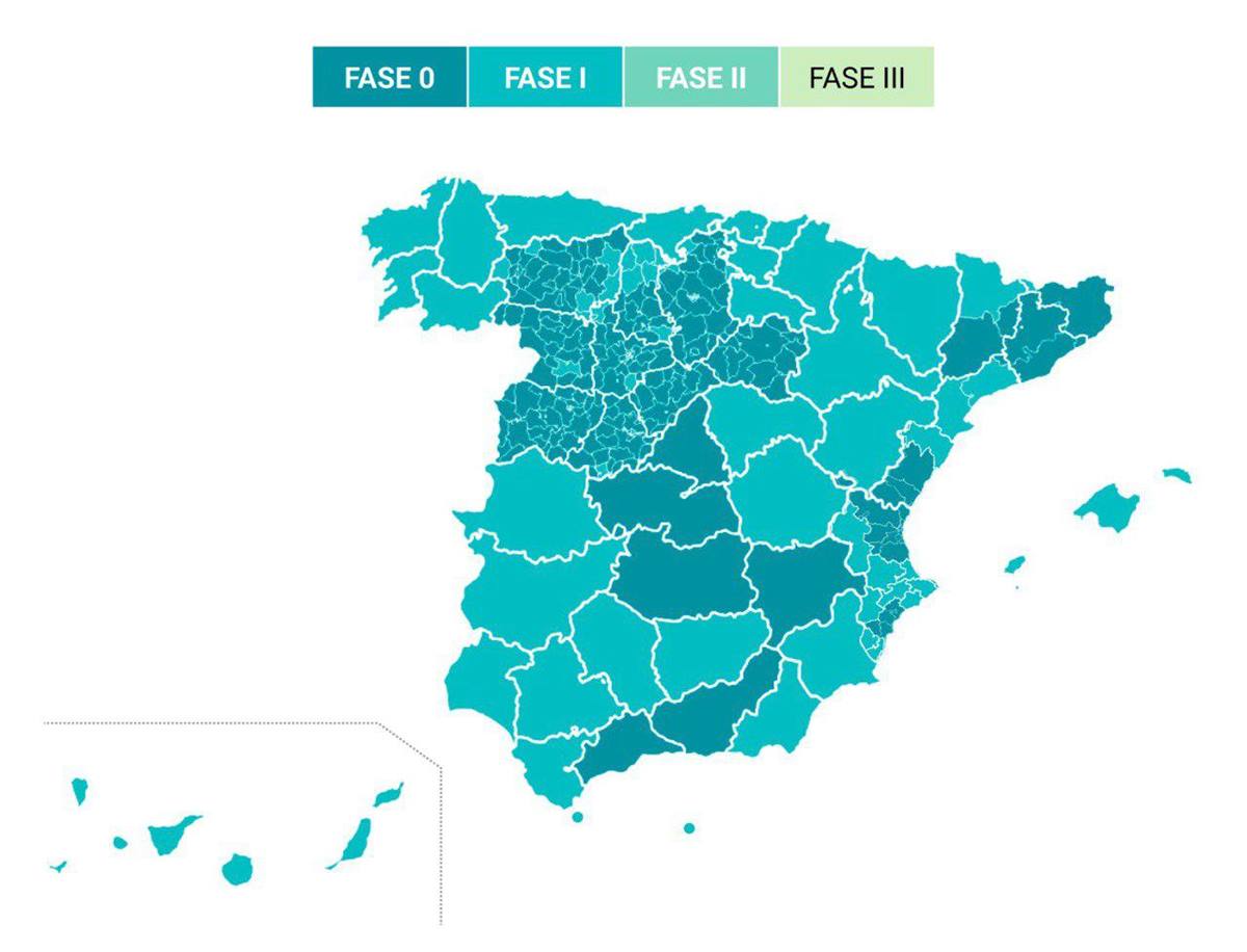 Mapa de los territorios según la fase en la que se encontrarán a partir del próximo lunes. Gobierno de España