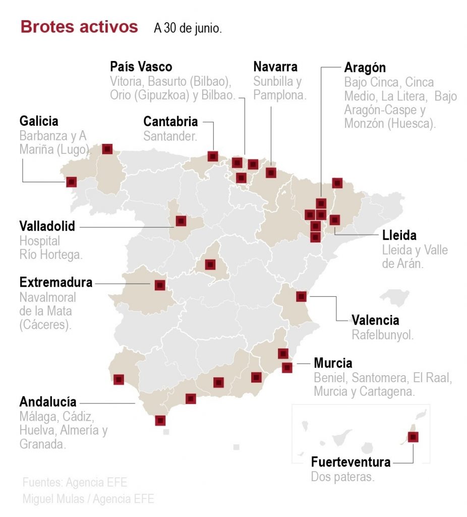 Brotes activos en España a 1 de julio de 2020