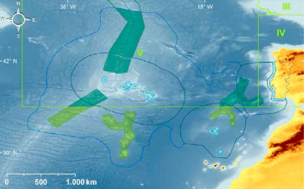 En la imagen se observan las áreas de influencia económica que pretende Portugal respecto a las Azores y Madeira