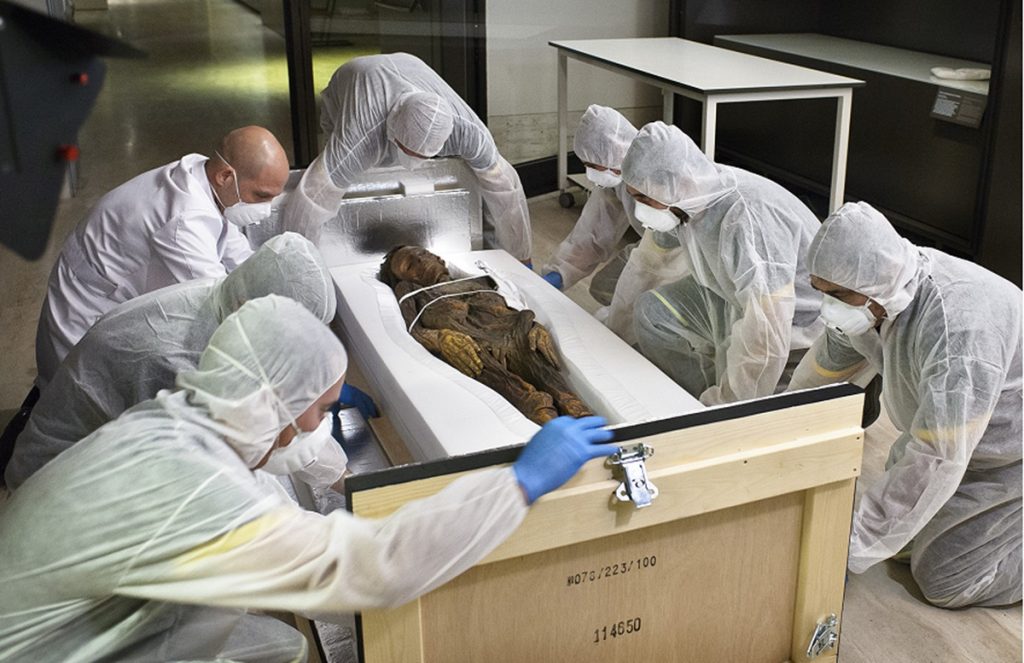 Teresa Gómez Espinosa, jefa del Departamento de Conservación del Museo Arqueológico Nacional, junto al equipo encargado del traslado de la momia guanche al Hospital Quirón de Madrid. DA