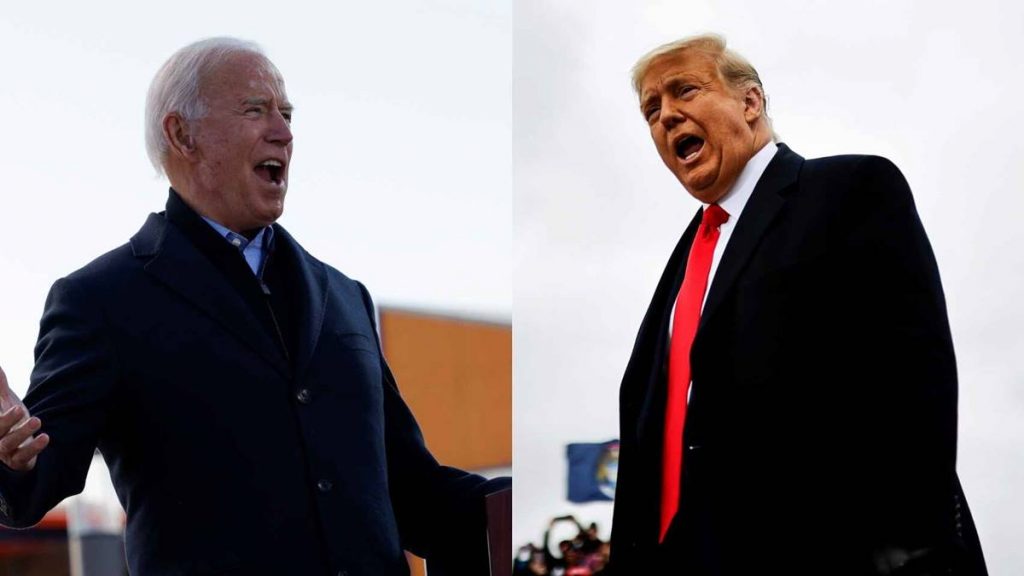 Joe Biden en un acto de campaña en Iowa y Donald Trump en Michigan.