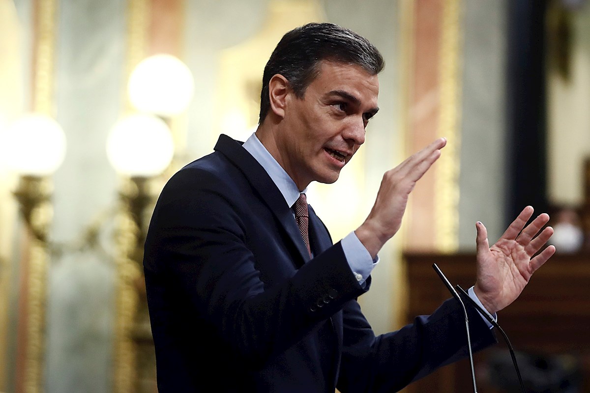 El presidente del Gobierno, Pedro Sánchez, durante su intervención en la moción de censura de Vox al gobierno de coalición, este miércoles en el Congreso de los Diputados. EFE/Mariscal