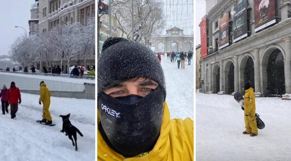 Imágenes compartidas por Jairo Alonso, novio de Díaz Ayuso, practicando 'snowboard' por Madrid. Twitter