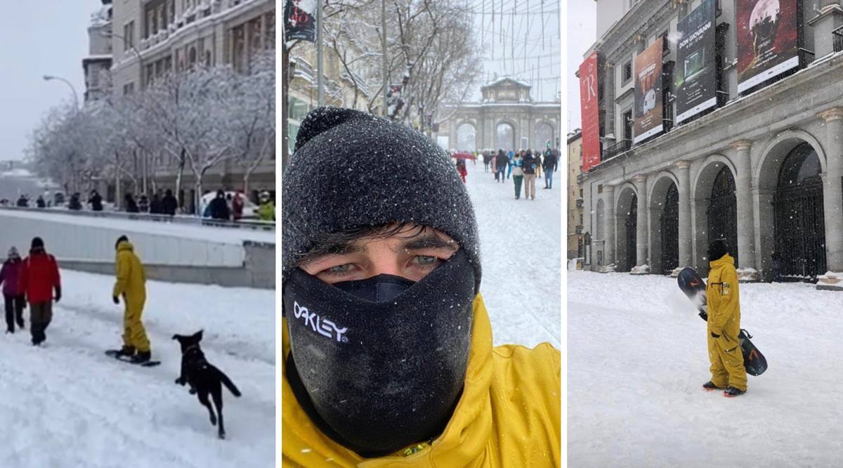 Imágenes compartidas por Jairo Alonso, novio de Díaz Ayuso, practicando 'snowboard' por Madrid. Twitter